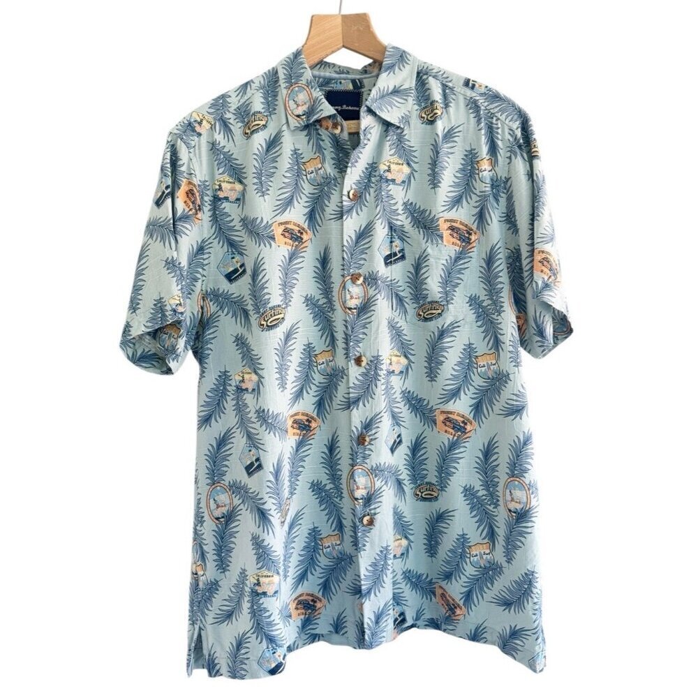 Tommy Bahama Men's Sz M Light Blue Surf Surfing Woodie Short Sleeve Button Shirt